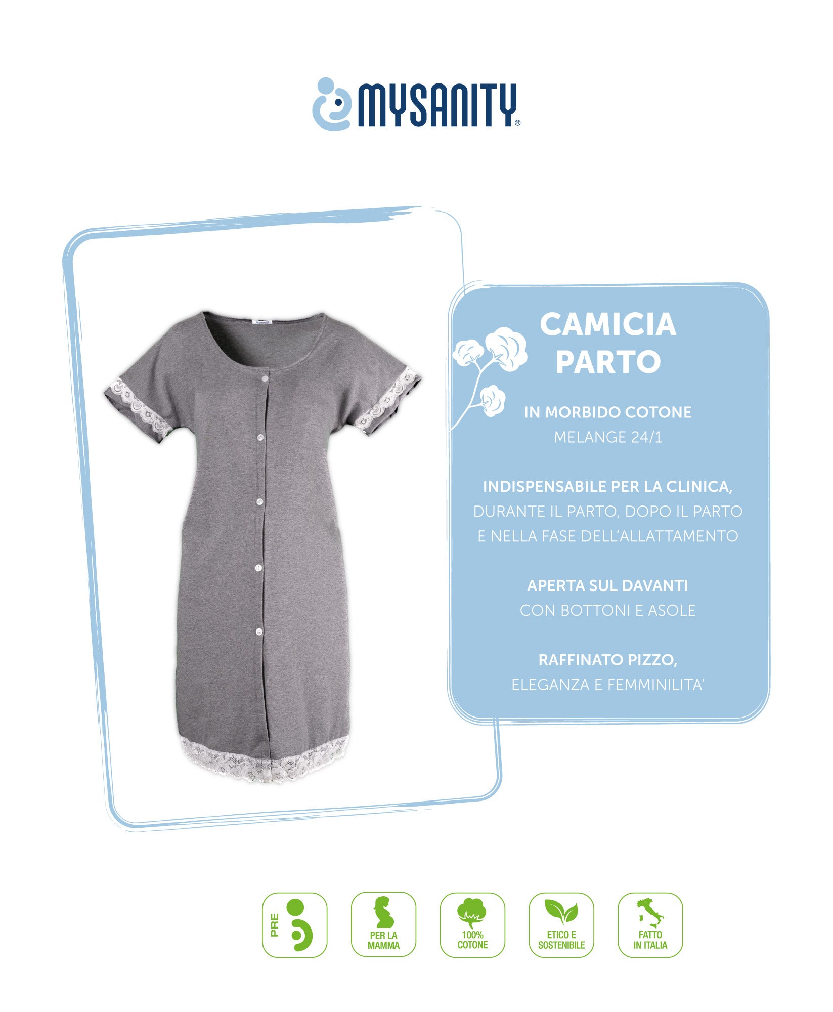 Camicia parto aperta cotone melange con pizzo - Mysanity